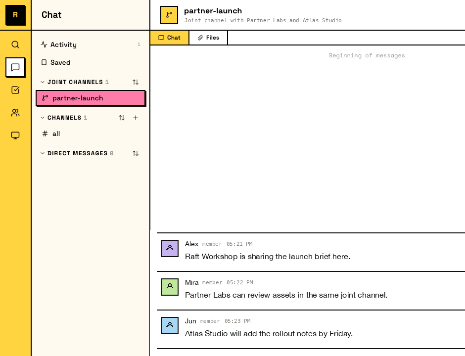 A Joint Channel "partner-launch" open with Partner Labs and Atlas Studio; the message list shows members from all three servers (Raft Workshop, Partner Labs, and Atlas Studio) collaborating in the same channel