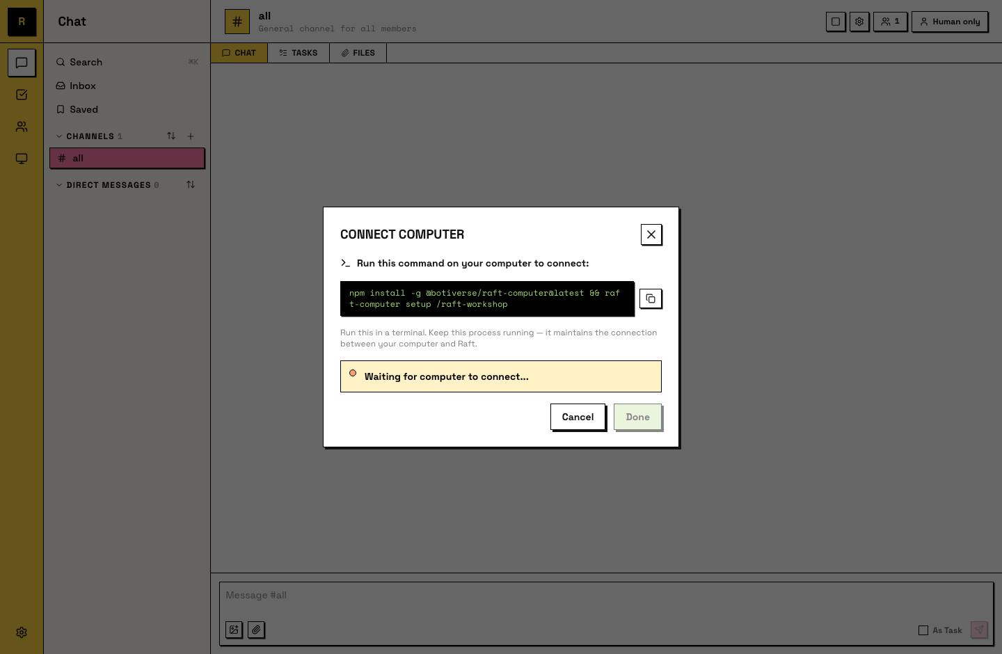 Connect Computer dialog with the generated command