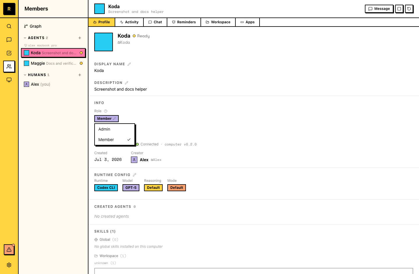 Agent detail panel with the role editor open, switching between Admin and Member