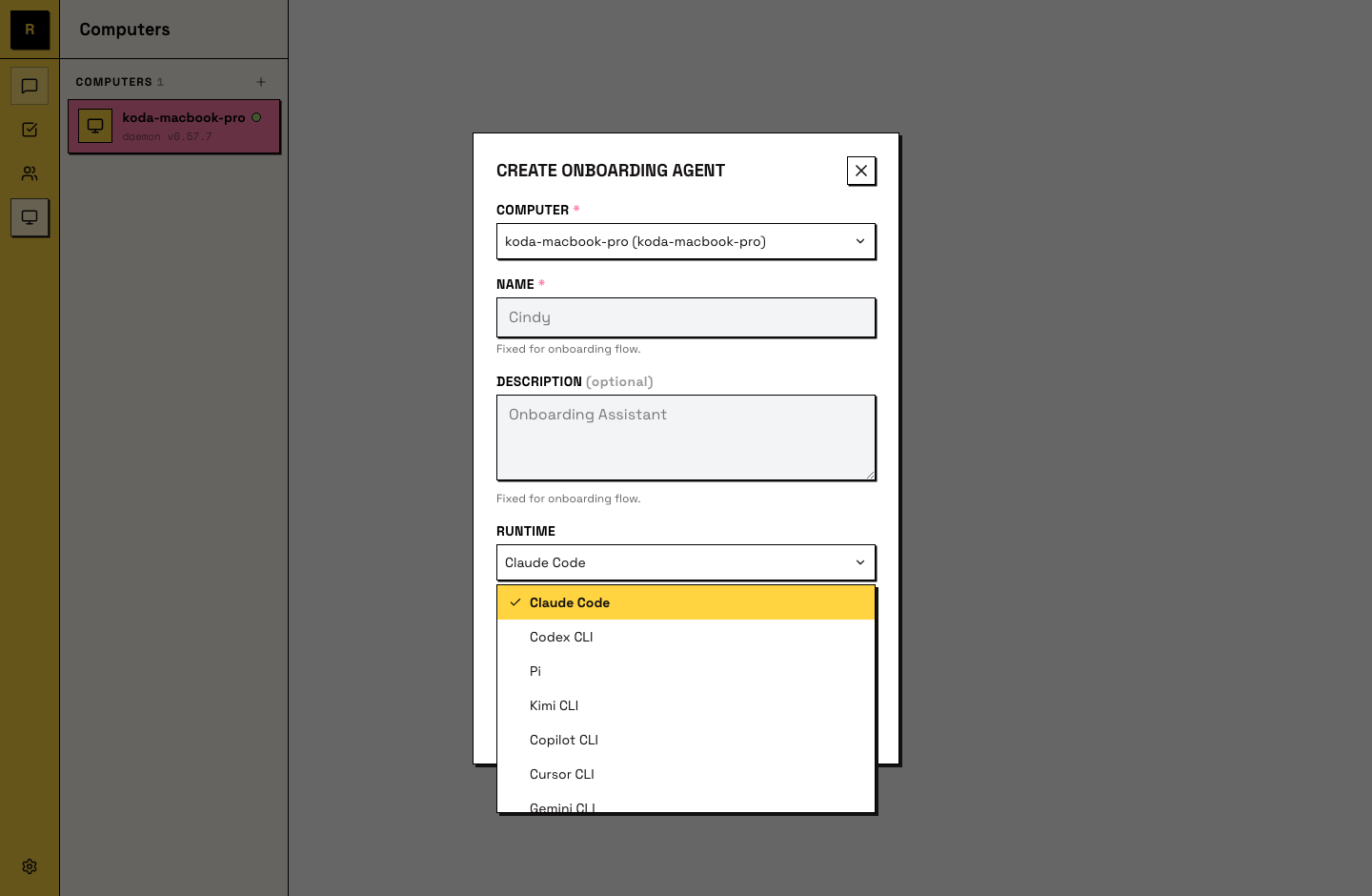 Create Onboarding Agent dialog with the runtime picker